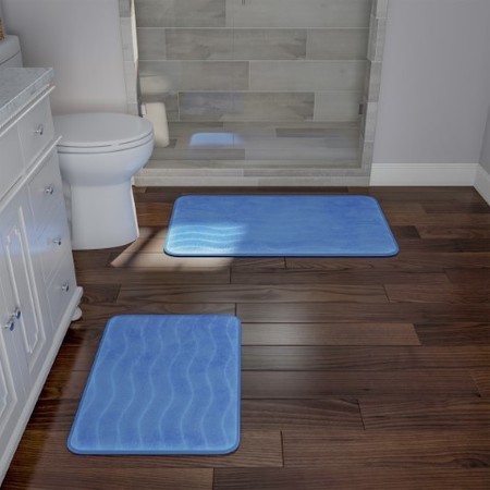 HASTINGS HOME 2-piece Bathroom Rug Set, Memory Foam Mats, Wavy Microfiber Non-Slip Absorbent Runner, Blue 527108OQE